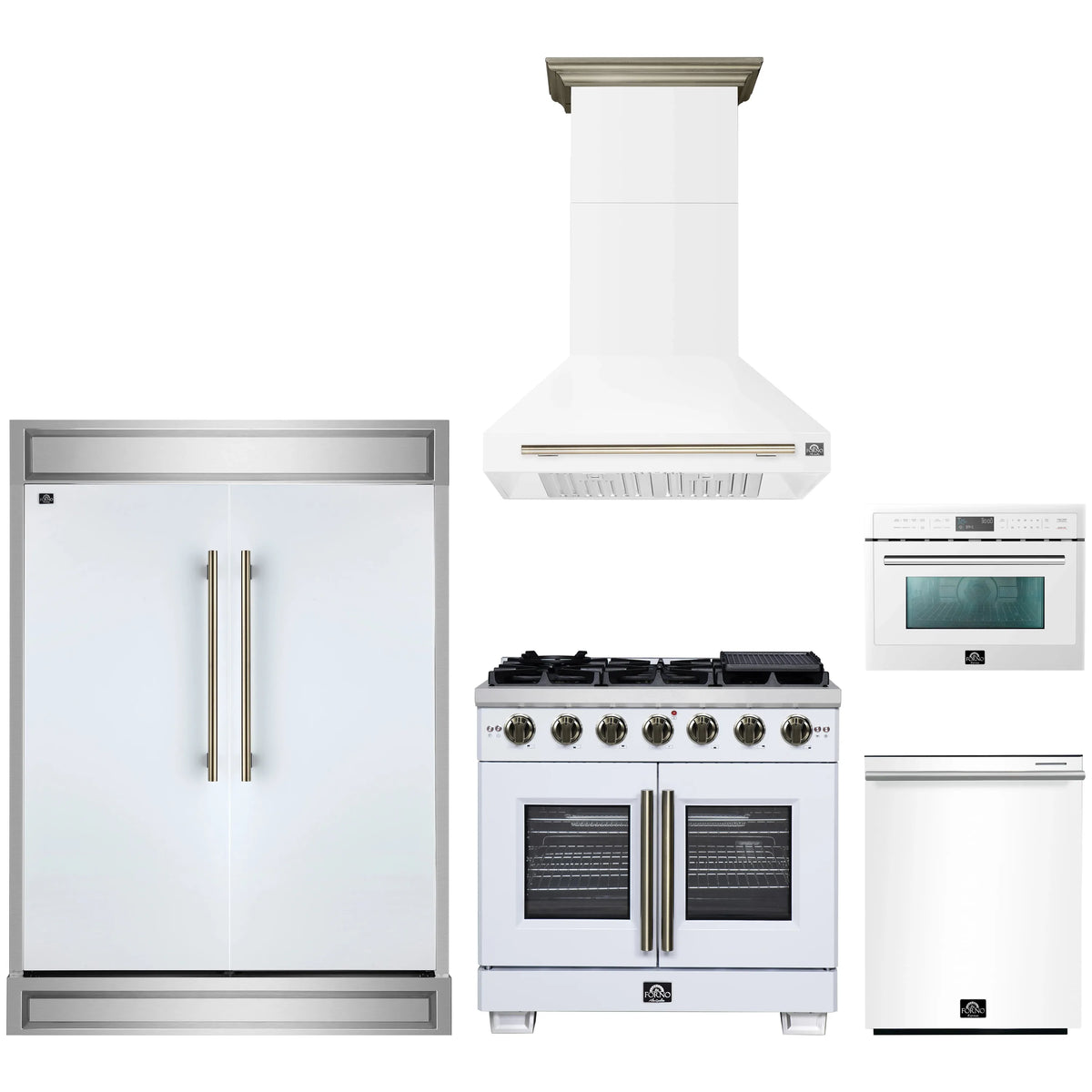 Forno 5-Piece Appliance Package - 36-inch Gas Range, Hood, Refrigerator, Dishwasher and 24-Inch Microwave Oven in White with Antique Brass Trim