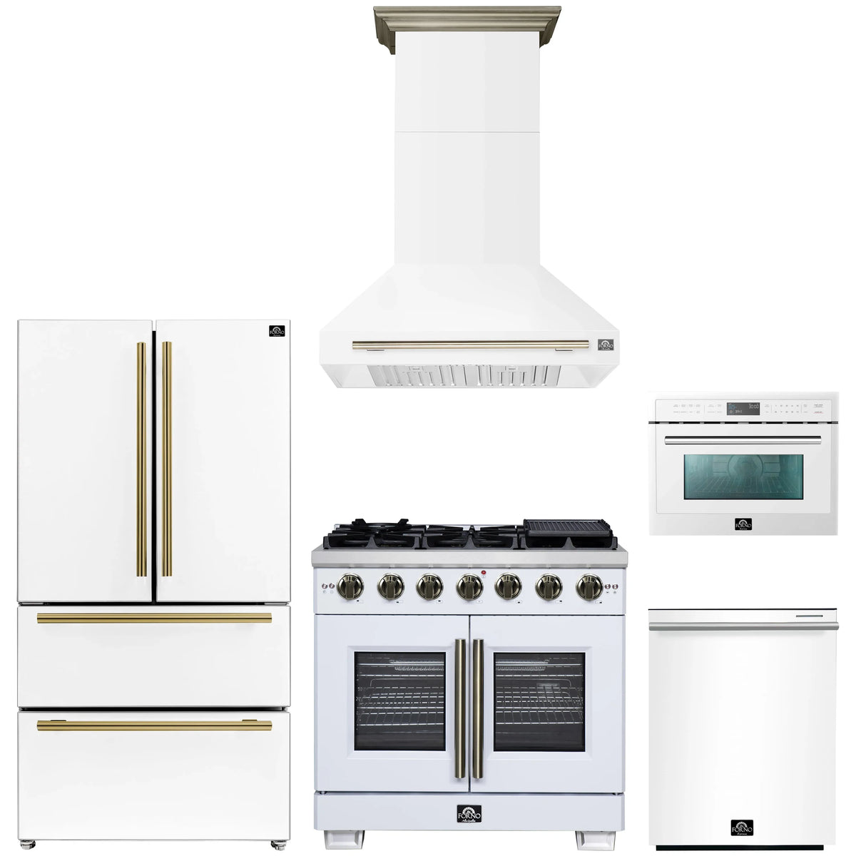 Forno 5-Piece Appliance Package - 36-inch Gas Range, Hood, Refrigerator, Dishwasher and 24-Inch Microwave Oven in White with Antique Brass Trim