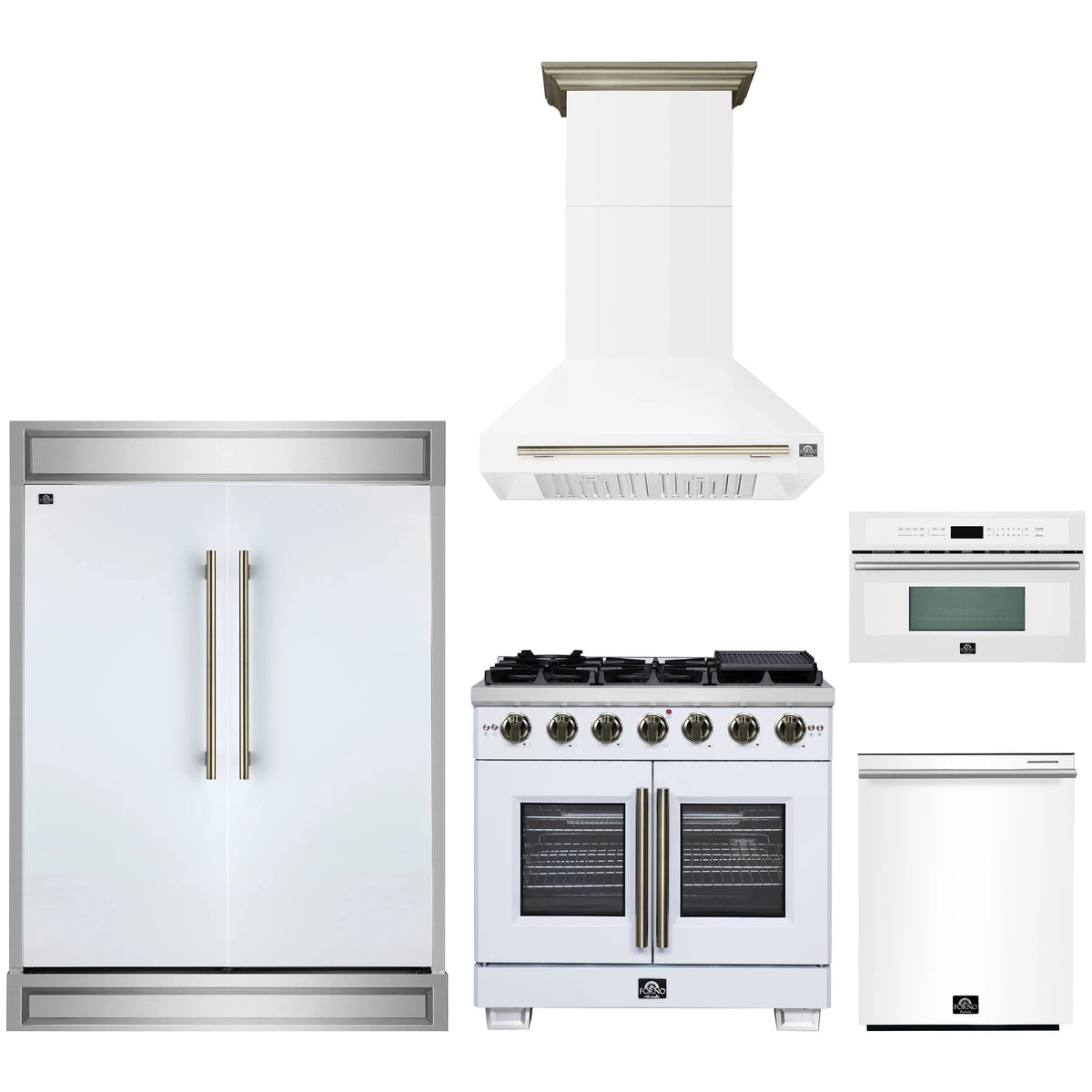Forno 5-Piece Appliance Package - 36-inch Gas Range, Hood, Refrigerator, Dishwasher and 30-Inch Microwave Oven in White with Antique Brass Trim