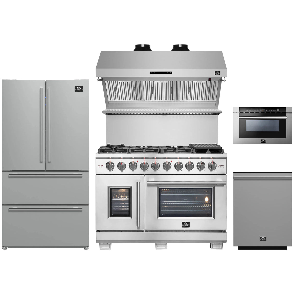 Forno 5-Piece Pro Appliance Package - 48-Inch Gas Range, Refrigerator, Wall Mount Hood with Backsplash, 24-Inch Microwave Drawer, & 3-Rack Dishwasher in Stainless Steel