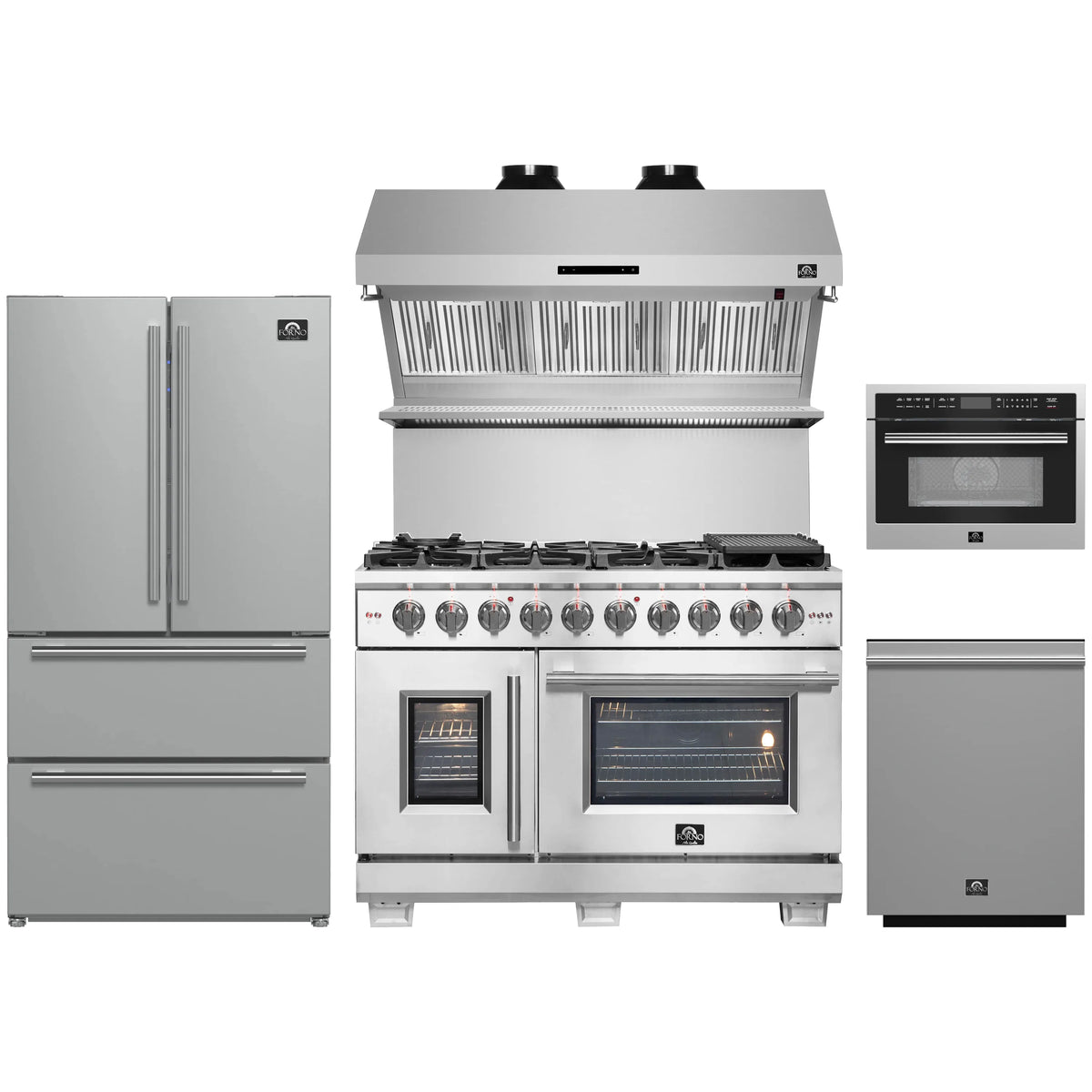 Forno 5-Piece Pro Appliance Package - 48-Inch Gas Range, Refrigerator, Wall Mount Hood with Backsplash, 24-Inch Microwave Oven, & 3-Rack Dishwasher in Stainless Steel