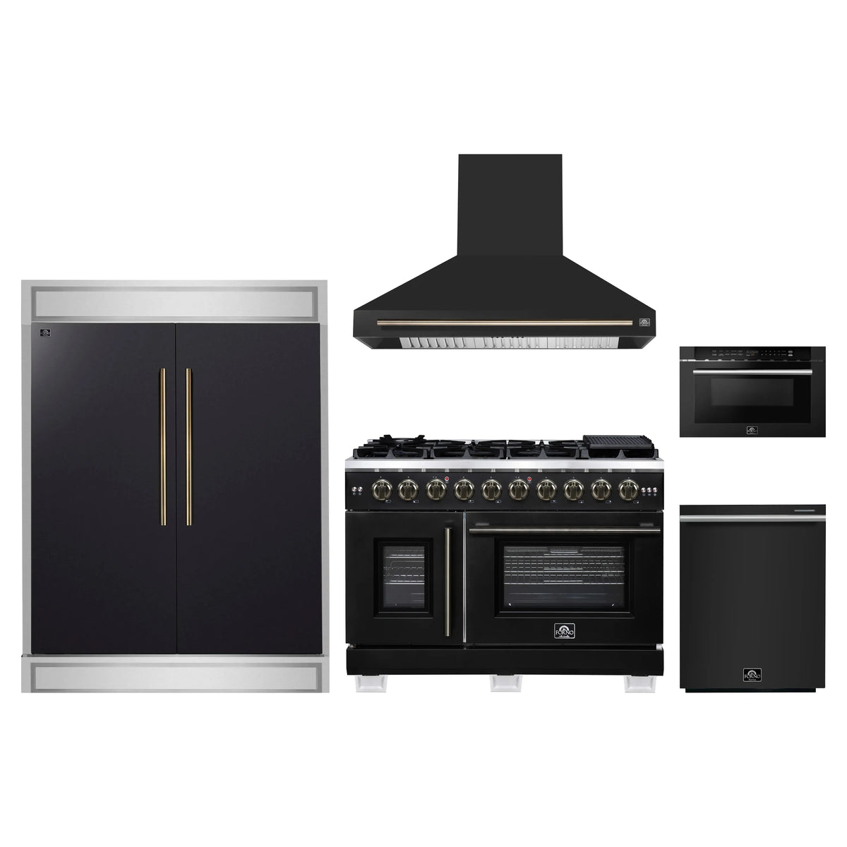 Forno 5-Piece Appliance Package - 48-inch Gas Range, Hood, Refrigerator, Dishwasher and 24-Inch Microwave Drawer in Black with Antique Brass Trim