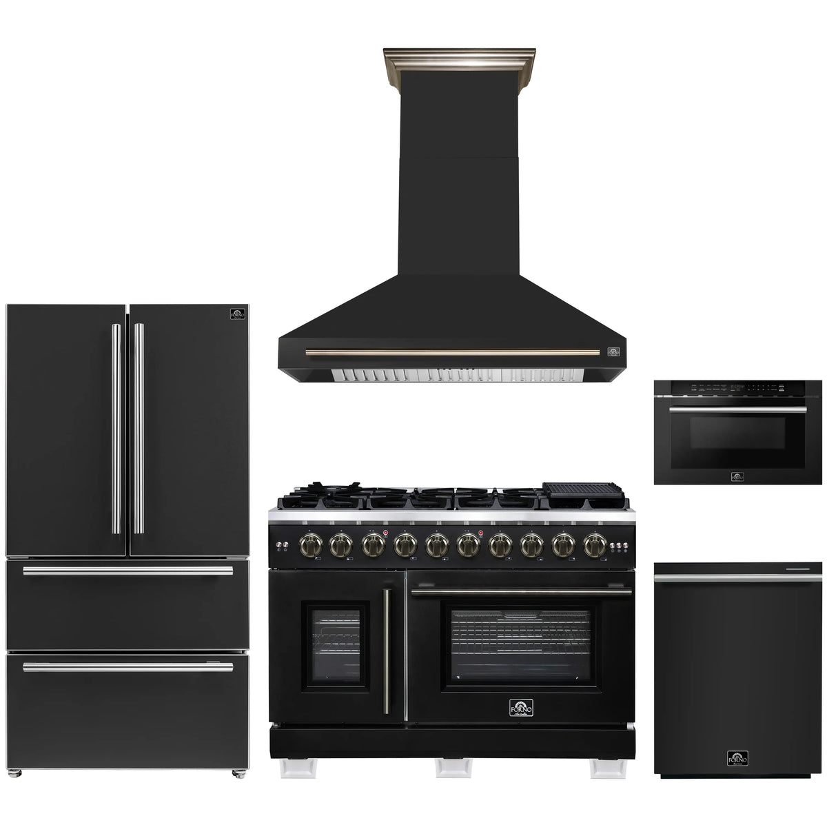 Forno 5-Piece Appliance Package - 48-inch Gas Range, Hood, Refrigerator, Dishwasher and 24-Inch Microwave Drawer in Black with Antique Brass Trim