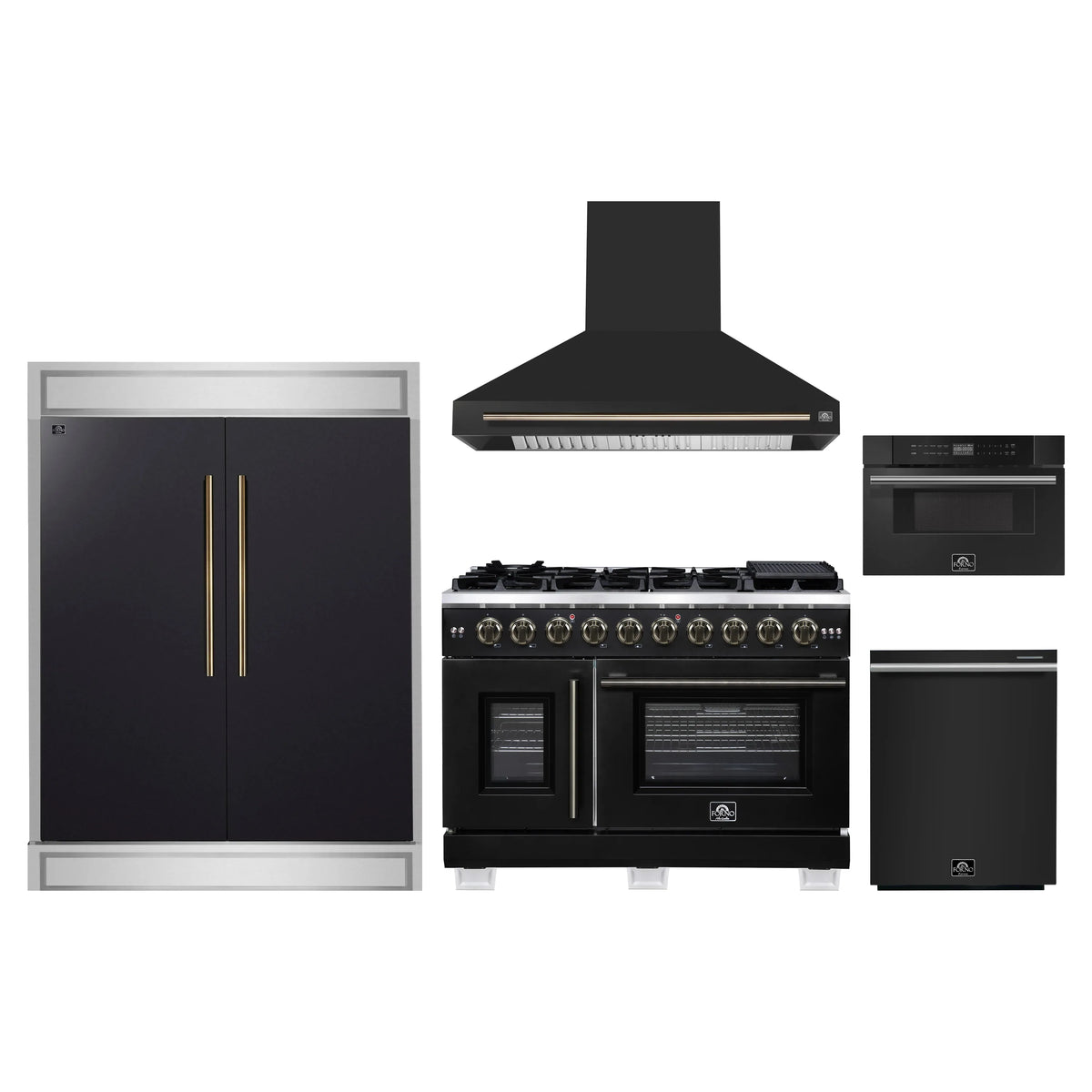 Forno 5-Piece Appliance Package - 48-inch Gas Range, Hood, Refrigerator, Dishwasher and 30-Inch Microwave Drawer in Black with Antique Brass Trim
