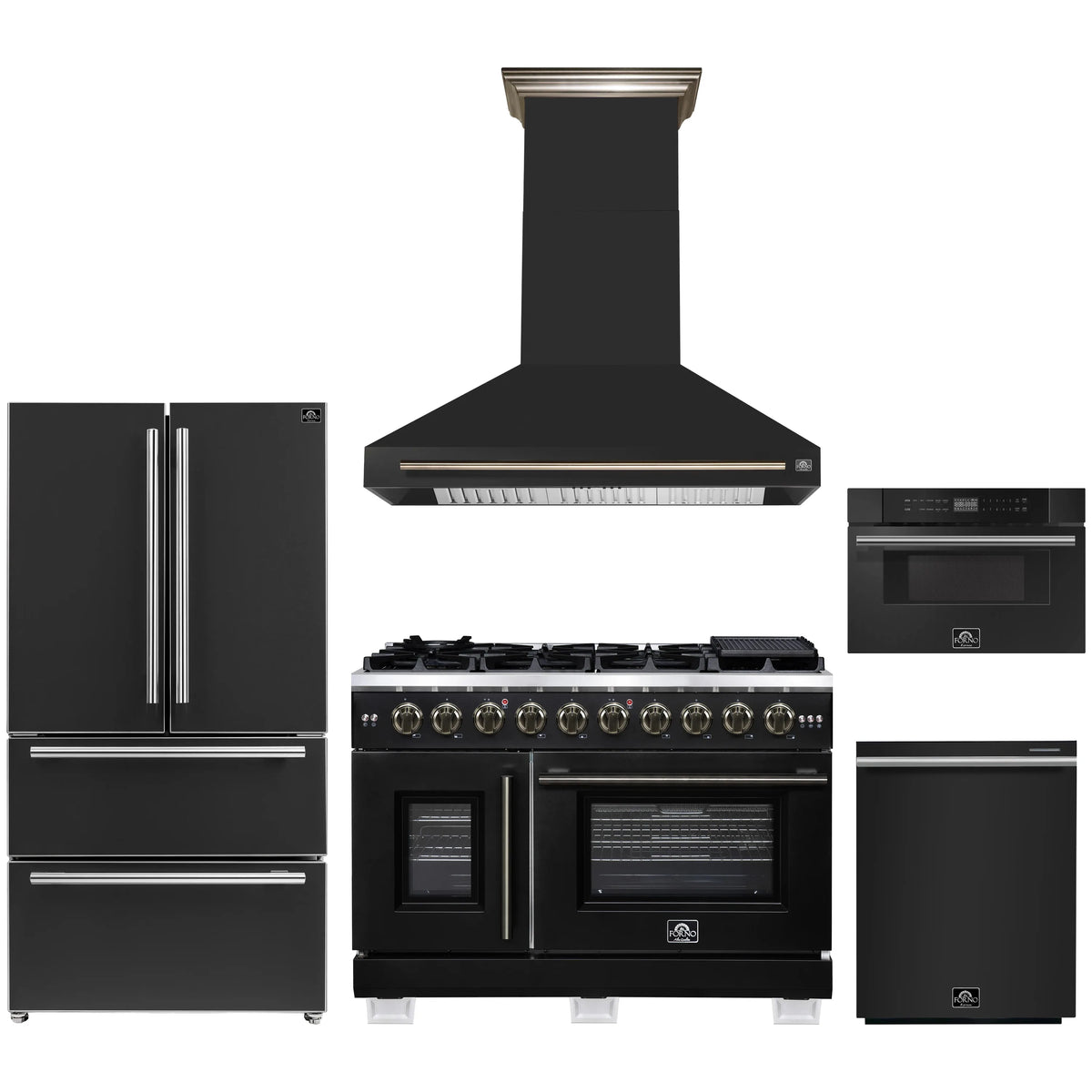 Forno 5-Piece Appliance Package - 48-inch Gas Range, Hood, Refrigerator, Dishwasher and 30-Inch Microwave Drawer in Black with Antique Brass Trim