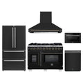 Forno 5-Piece Appliance Package - 48-inch Capriasca French Door Gas Range, Hood, 36-Inch French Door Refrigerator, Dishwasher and 24-Inch Microwave Drawer in Black with Antique Brass Trim