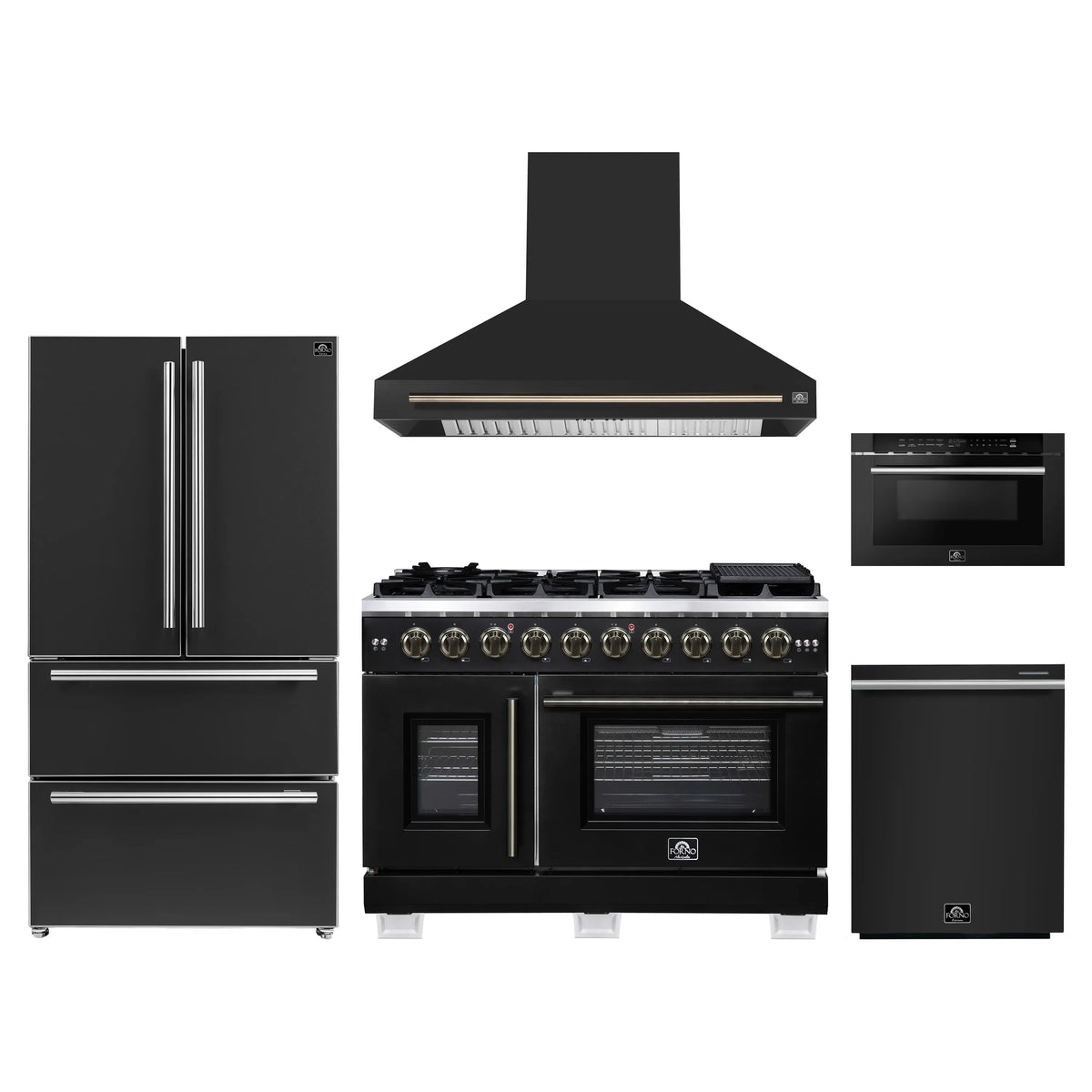 Forno 5-Piece Appliance Package - 48-inch Gas Range, Hood, Refrigerator, Dishwasher and 24-Inch Microwave Drawer in Black with Antique Brass Trim