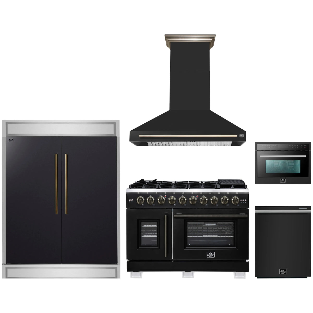 Forno 5-Piece Appliance Package - 48-inch Gas Range, Hood, Refrigerator, Dishwasher and 24-Inch Microwave Oven in Black with Antique Brass Trim