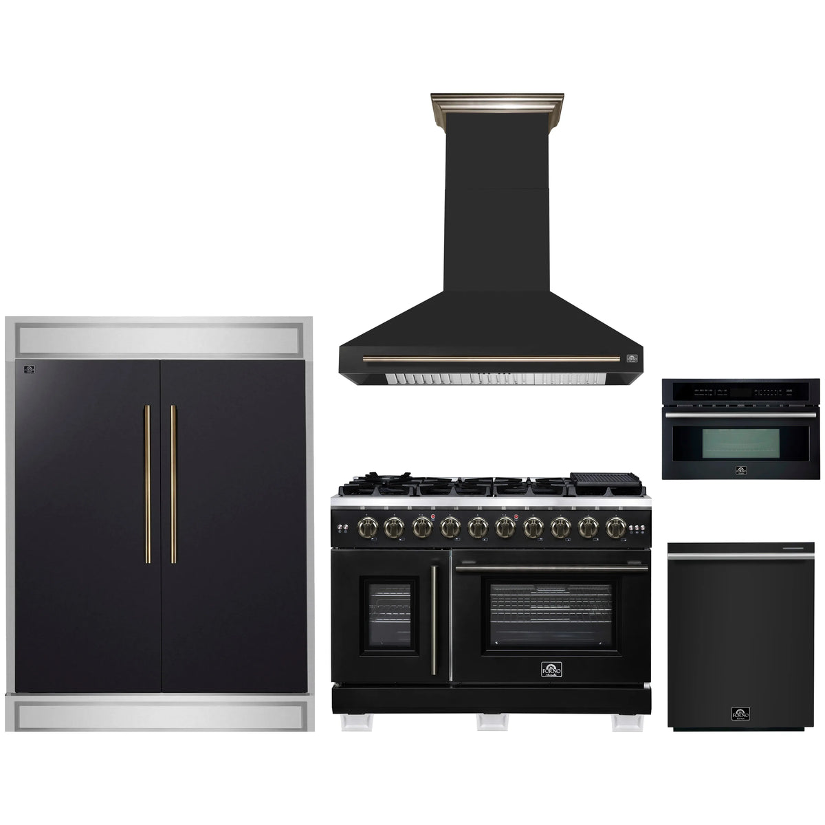 Forno 5-Piece Appliance Package - 48-inch Gas Range, Hood, Refrigerator, Dishwasher and 30-Inch Microwave Oven in Black with Antique Brass Trim
