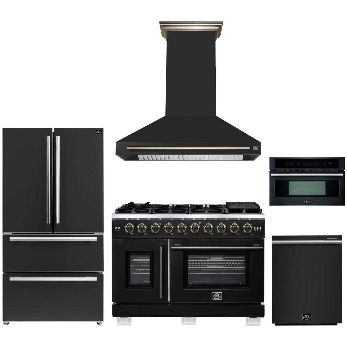 Forno 5-Piece Appliance Package - 48-inch Gas Range, Hood, Refrigerator, Dishwasher and 30-Inch Microwave Oven in Black with Antique Brass Trim