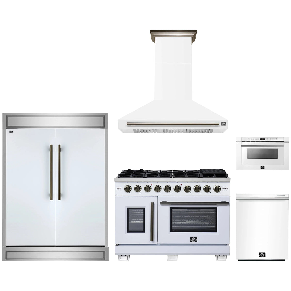 Forno 5-Piece Appliance Package - 48-inch Gas Range, Hood, Refrigerator, Dishwasher and 24-Inch Microwave Drawer in White with Antique Brass Trim
