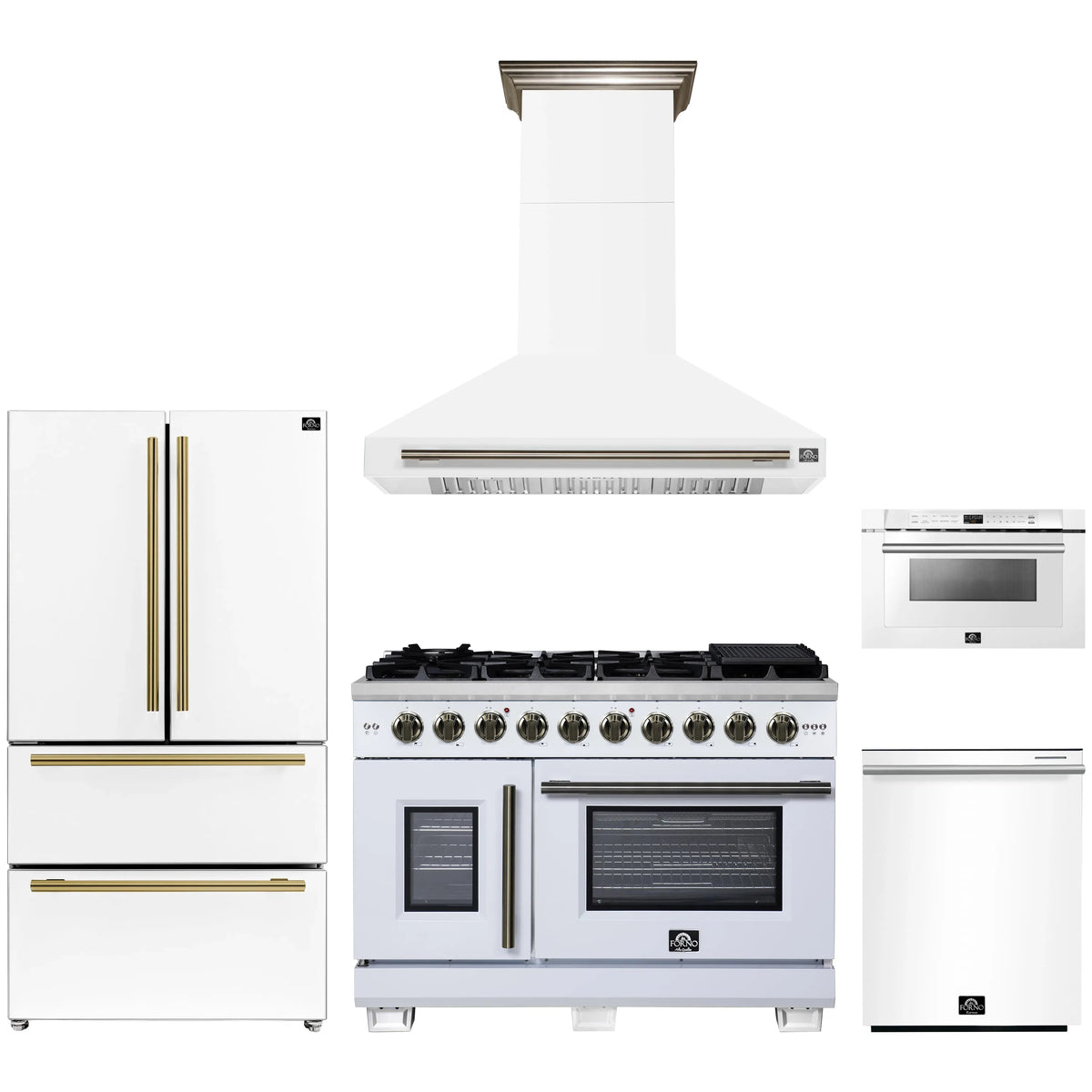 Forno 5-Piece Appliance Package - 48-inch Gas Range, Hood, Refrigerator, Dishwasher and 24-Inch Microwave Drawer in White with Antique Brass Trim
