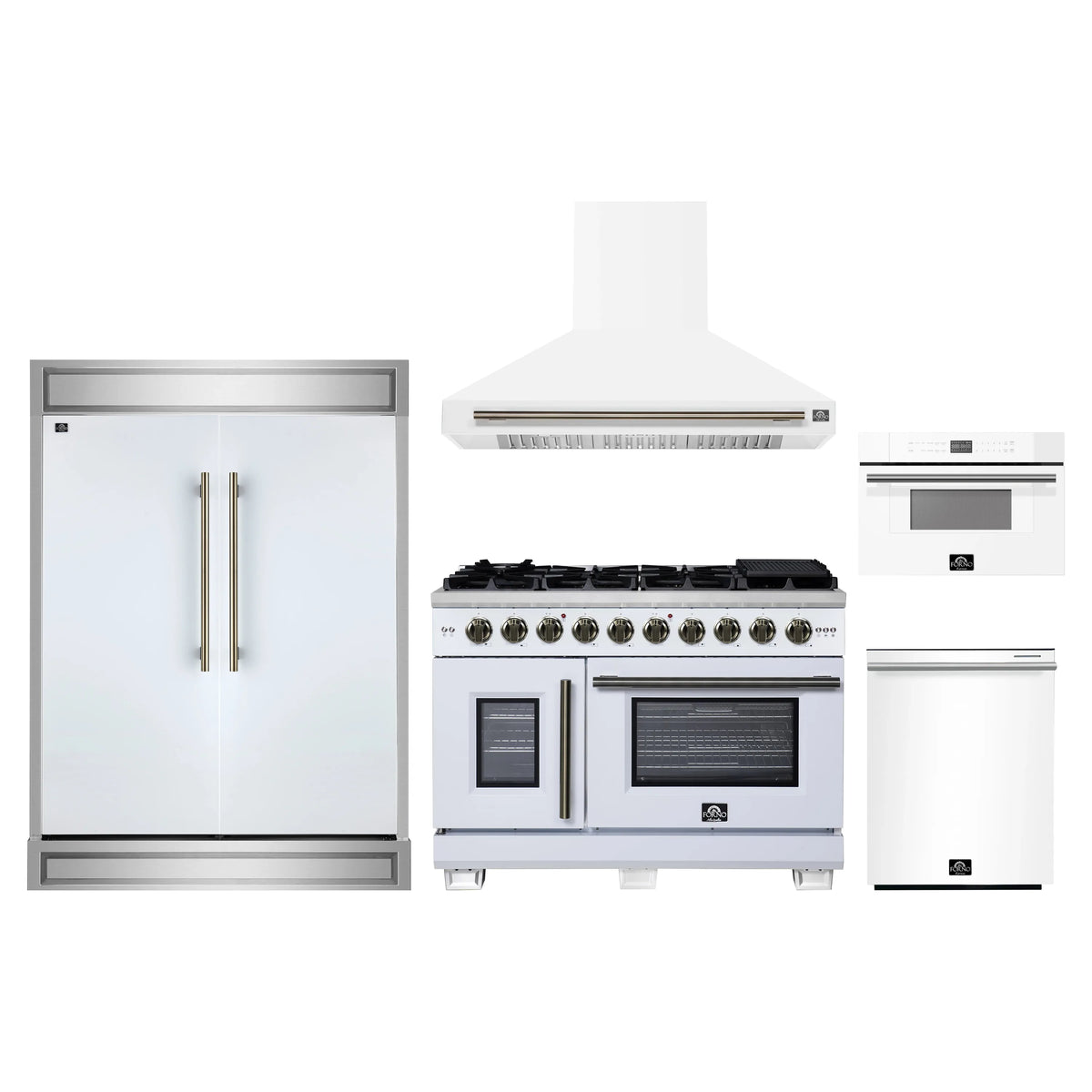 Forno 5-Piece Appliance Package - 48-inch Gas Range, Hood, Refrigerator, Dishwasher and 30-Inch Microwave Drawer in White with Antique Brass Trim