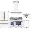 Forno 5-Piece Appliance Package - 48-inch Gas Range, Hood, Refrigerator, Dishwasher and 30-Inch Microwave Drawer in White with Antique Brass Trim