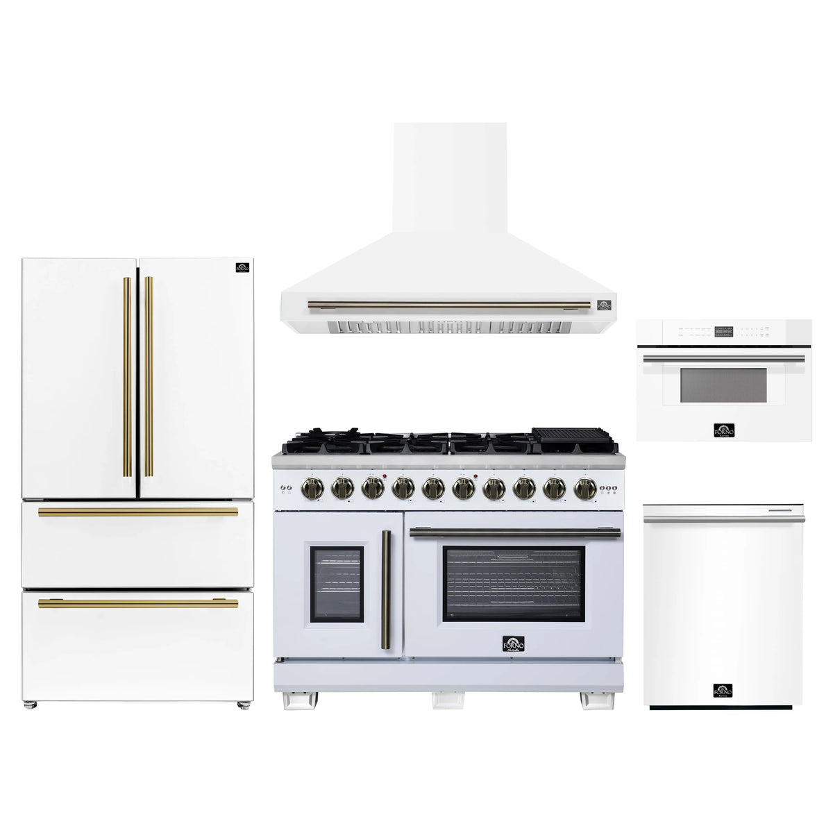 Forno 5-Piece Appliance Package - 48-inch Gas Range, Hood, Refrigerator, Dishwasher and 30-Inch Microwave Drawer in White with Antique Brass Trim