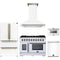 Forno 5-Piece Appliance Package - 48-inch Gas Range, Hood, Refrigerator, Dishwasher and 24-Inch Microwave Drawer in White with Antique Brass Trim