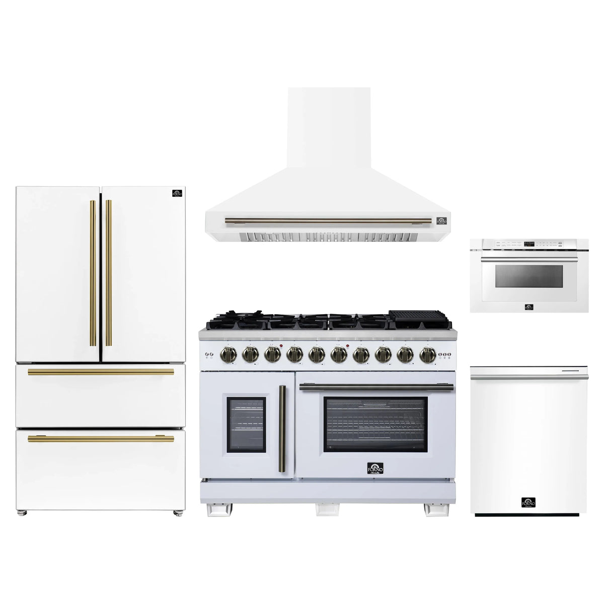 Forno 5-Piece Appliance Package - 48-inch Gas Range, Hood, Refrigerator, Dishwasher and 24-Inch Microwave Drawer in White with Antique Brass Trim
