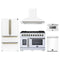 Forno 5-Piece Appliance Package - 48-inch Capriasca French Door Gas Range, Hood, 36-Inch French Door Refrigerator, Dishwasher and 24-Inch Microwave Drawer in White with Antique Brass Trim