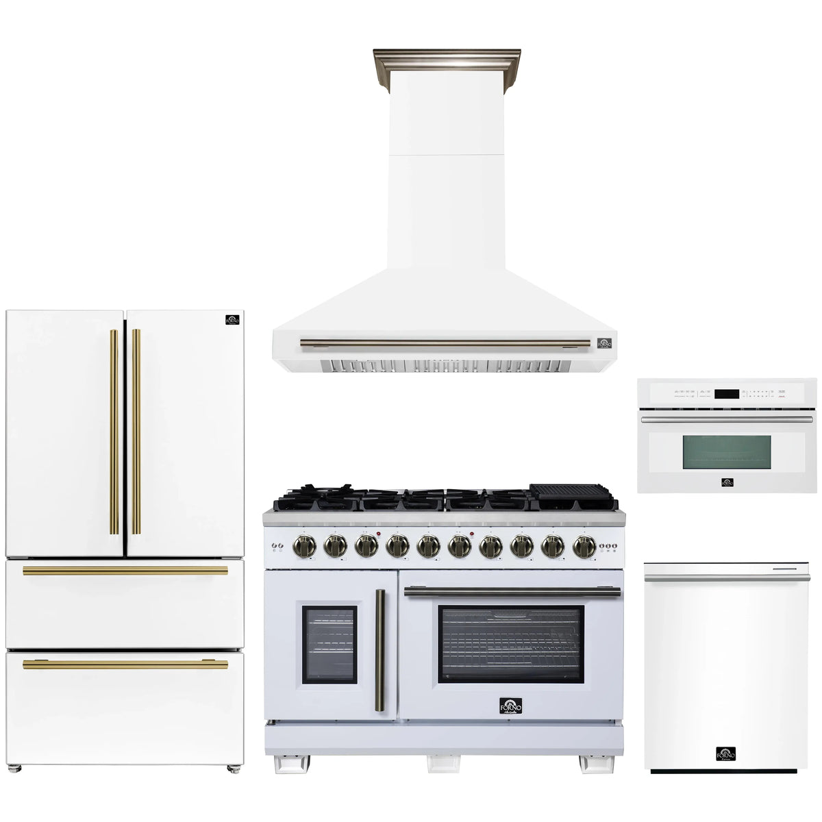 Forno 5-Piece Appliance Package - 48-inch Gas Range, Hood, Refrigerator, Dishwasher and 30-Inch Microwave Oven in White with Antique Brass Trim