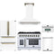 Forno 5-Piece Appliance Package - 48-inch Gas Range, Hood, Refrigerator, Dishwasher and 30-Inch Microwave Oven in White with Antique Brass Trim