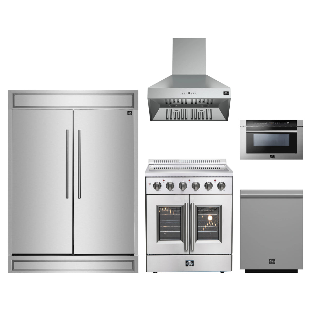 Forno 5-Piece Appliance Package - 30-Inch Galiano French Door Electric Range, Wall Mount Range Hood, 60-Inch Refrigerator, Dishwasher, and 24-Inch Microwave Drawer in Stainless Steel