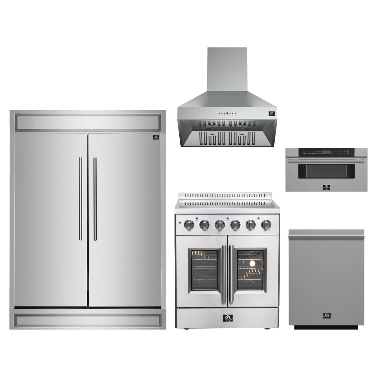 Forno 5-Piece Appliance Package - 30-Inch Galiano French Door Electric Range, Wall Mount Range Hood, 60-Inch Refrigerator, Dishwasher, and 30-Inch Microwave Drawer in Stainless Steel