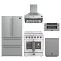 Forno 5-Piece Appliance Package - 30-Inch Galiano French Door Electric Range, Wall Mount Range Hood, 36-Inch Refrigerator, Dishwasher, and 30-Inch Microwave Drawer in Stainless Steel
