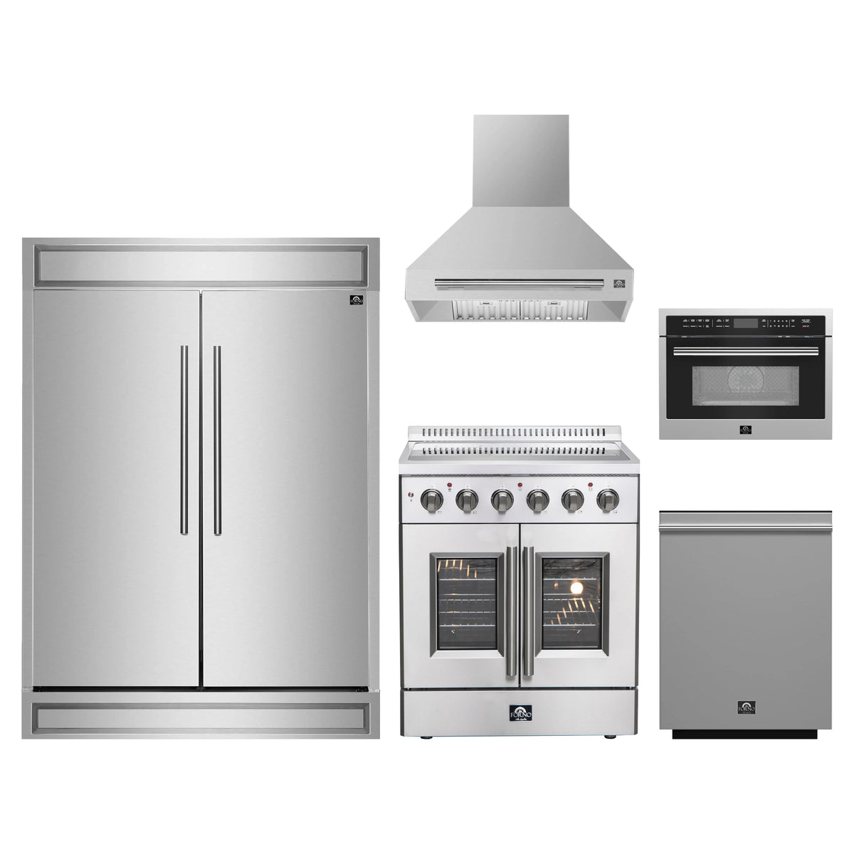Forno 5-Piece Appliance Package - 30-Inch Galiano French Door Electric Range, Wall Mount Range Hood, 60-Inch Refrigerator, Dishwasher, and 24-Inch Microwave Oven in Stainless Steel