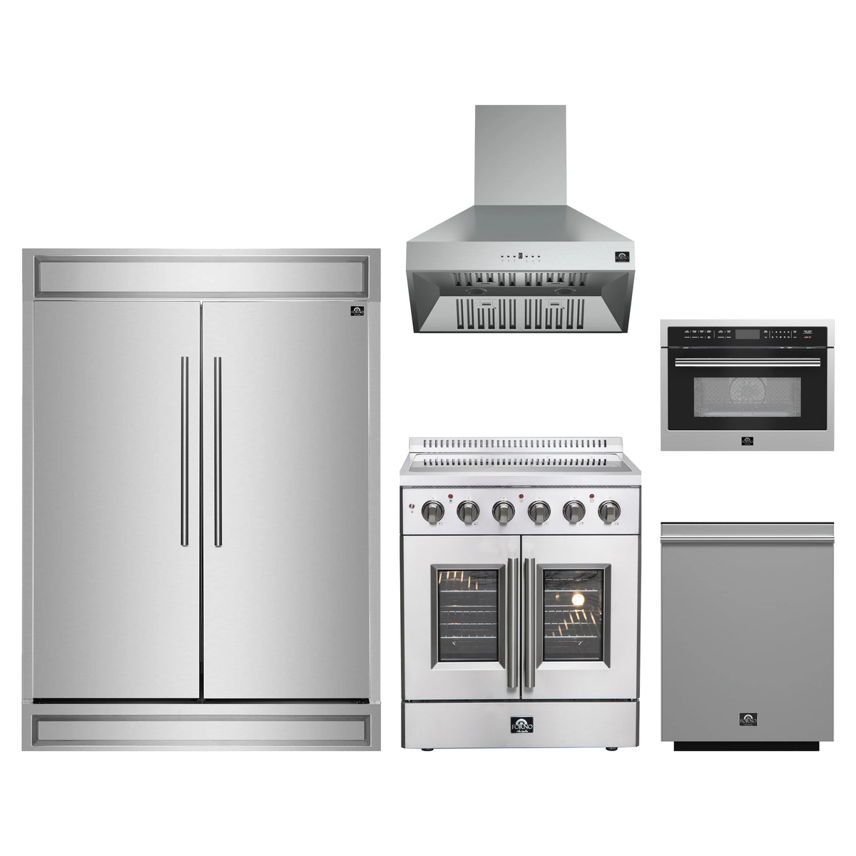 Forno 5-Piece Appliance Package - 30-Inch Galiano French Door Electric Range, Wall Mount Range Hood, 60-Inch Refrigerator, Dishwasher, and 24-Inch Microwave Oven in Stainless Steel
