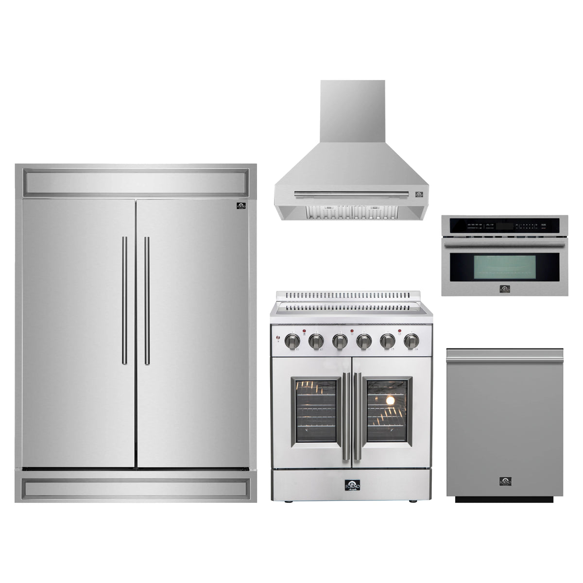 Forno 5-Piece Appliance Package - 30-Inch Galiano French Door Electric Range, Wall Mount Range Hood, 60-Inch Refrigerator, Dishwasher, and 30-Inch Microwave Oven in Stainless Steel