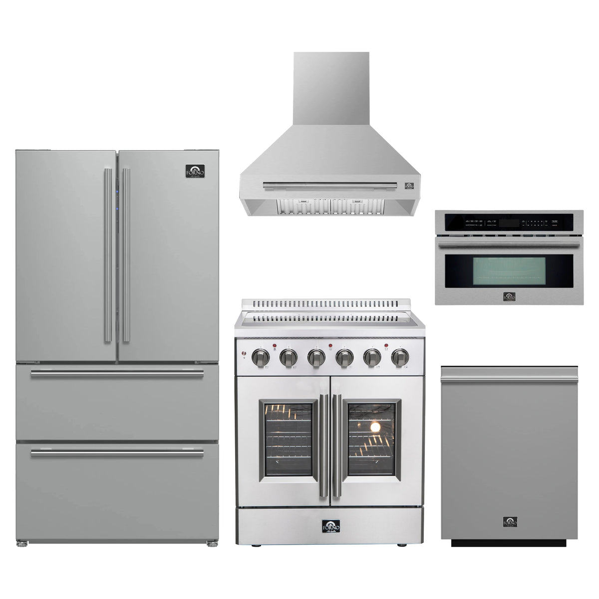 Forno 5-Piece Appliance Package - 30-Inch Galiano French Door Electric Range, Wall Mount Range Hood, 36-Inch Refrigerator, Dishwasher, and 30-Inch Microwave Oven in Stainless Steel