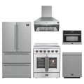 Forno 5-Piece Appliance Package - 30-Inch Galiano French Door Electric Range, Wall Mount Range Hood, 36-Inch Refrigerator, Dishwasher, and 24-Inch Microwave Oven in Stainless Steel
