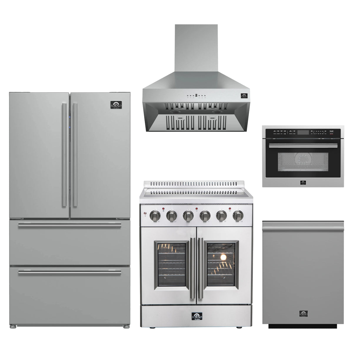 Forno 5-Piece Appliance Package - 30-Inch Galiano French Door Electric Range, Wall Mount Range Hood, 36-Inch Refrigerator, Dishwasher, and 24-Inch Microwave Oven in Stainless Steel