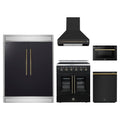 Forno 5-Piece Appliance Package - 30-Inch Galiano French Door Electric Range, Wall Mount Range Hood, 60-Inch Refrigerator, Dishwasher, and 24-Inch Microwave Drawer in Black with Antique Brass Trim