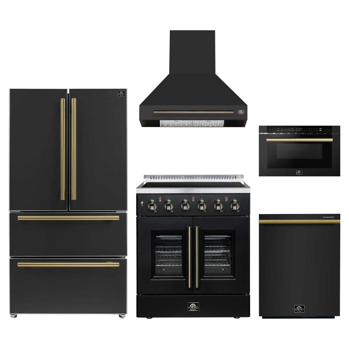 Forno 5-Piece Appliance Package - 30-Inch Galiano French Door Electric Range, Wall Mount Range Hood, 36-Inch Refrigerator, Dishwasher, and 24-Inch Microwave Drawer in Black with Antique Brass Trim