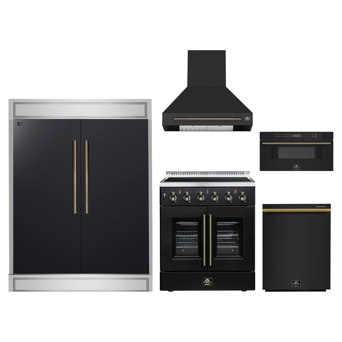 Forno 5-Piece Appliance Package - 30-Inch Galiano French Door Electric Range, Wall Mount Range Hood, 60-Inch Refrigerator, Dishwasher, and 30-Inch Microwave Drawer in Black with Antique Brass Trim