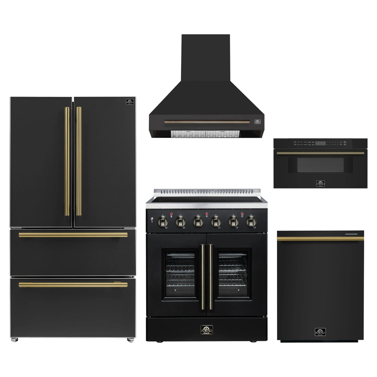 Forno 5-Piece Appliance Package - 30-Inch Galiano French Door Electric Range, Wall Mount Range Hood, 36-Inch Refrigerator, Dishwasher, and 30-Inch Microwave Drawer in Black with Antique Brass Trim