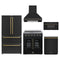 Forno 5-Piece Appliance Package - 30-Inch Galiano French Door Electric Range, Wall Mount Range Hood, 36-Inch Refrigerator, Dishwasher, and 30-Inch Microwave Drawer in Black with Antique Brass Trim