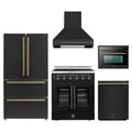 Forno 5-Piece Appliance Package - 30-Inch Galiano French Door Electric Range, Wall Mount Range Hood, 36-Inch Refrigerator, Dishwasher, and 24-Inch Microwave Oven in Black with Antique Brass Trim