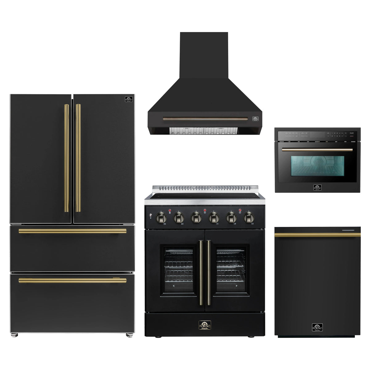 Forno 5-Piece Appliance Package - 30-Inch Galiano French Door Electric Range, Wall Mount Range Hood, 36-Inch Refrigerator, Dishwasher, and 24-Inch Microwave Oven in Black with Antique Brass Trim