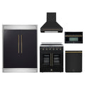 Forno 5-Piece Appliance Package - 30-Inch Galiano French Door Electric Range, Wall Mount Range Hood, 60-Inch Refrigerator, Dishwasher, and 30-Inch Microwave Oven in Black with Antique Brass Trim