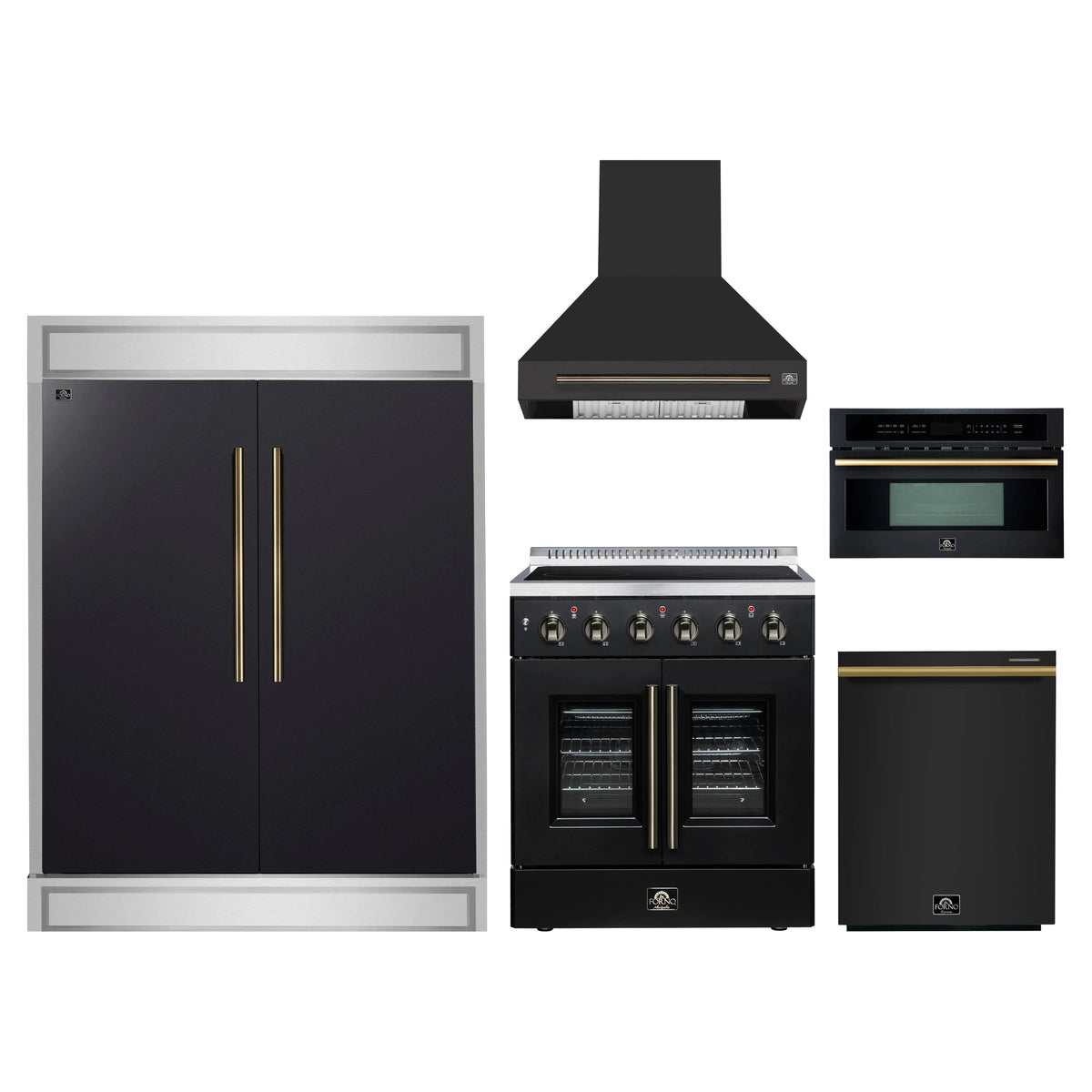 Forno 5-Piece Appliance Package - 30-Inch Galiano French Door Electric Range, Wall Mount Range Hood, 60-Inch Refrigerator, Dishwasher, and 30-Inch Microwave Oven in Black with Antique Brass Trim