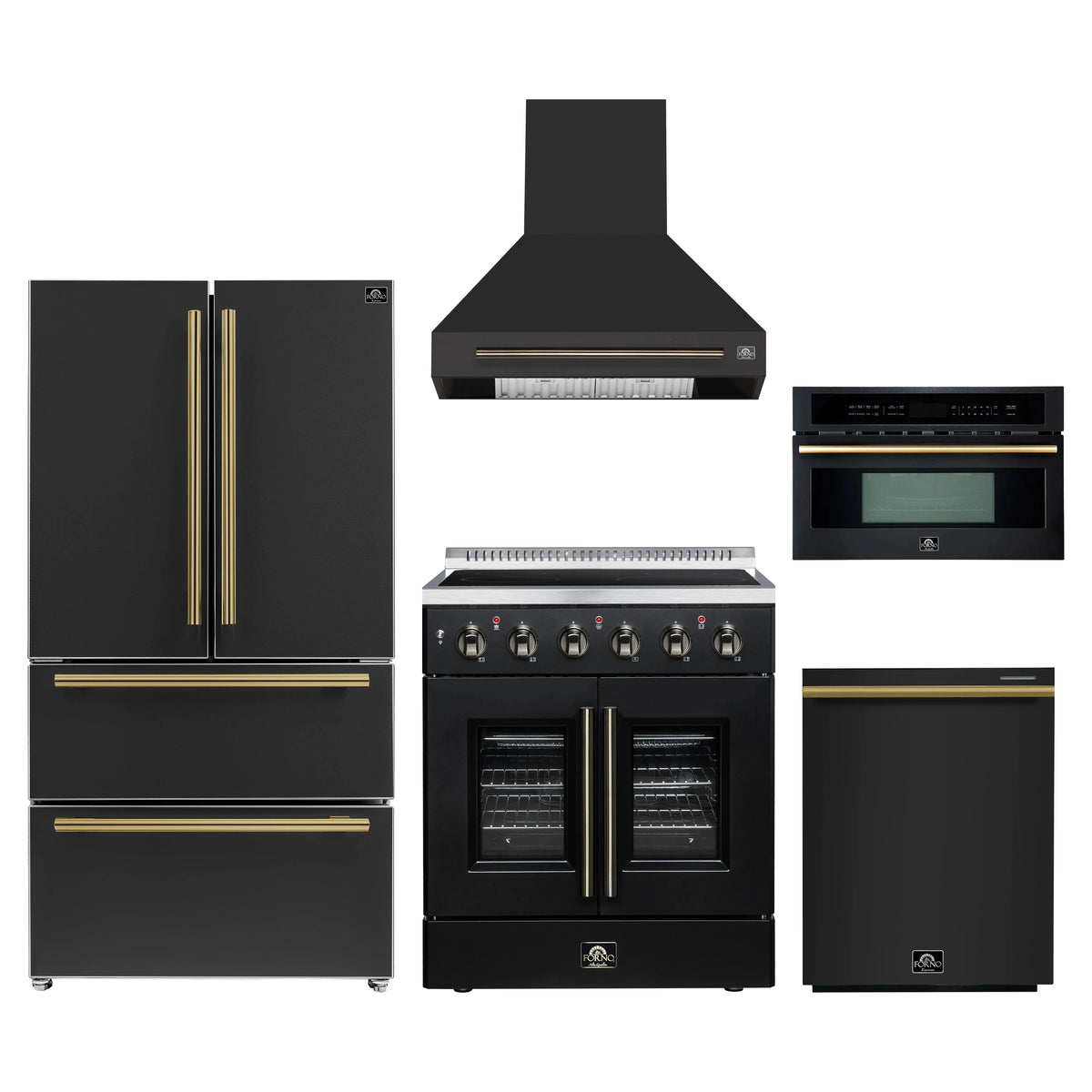 Forno 5-Piece Appliance Package - 30-Inch Galiano French Door Electric Range, Wall Mount Range Hood, 36-Inch Refrigerator, Dishwasher, and 30-Inch Microwave Oven in Black with Antique Brass Trim
