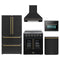 Forno 5-Piece Appliance Package - 30-Inch Galiano French Door Electric Range, Wall Mount Range Hood, 36-Inch Refrigerator, Dishwasher, and 24-Inch Microwave Oven in Black with Antique Brass Trim
