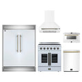 Forno 5-Piece Appliance Package - 30-Inch Galiano French Door Electric Range, Wall Mount Range Hood, 60-Inch Refrigerator, Dishwasher, and 24-Inch Microwave Drawer in White with Antique Brass Trim