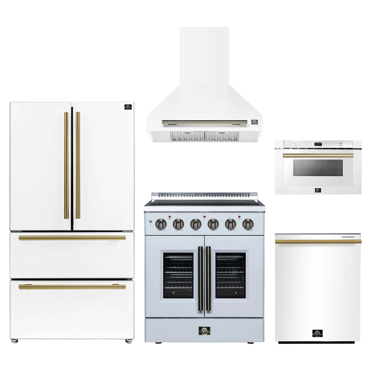Forno 5-Piece Appliance Package - 30-Inch Galiano French Door Electric Range, Wall Mount Range Hood, 36-Inch Refrigerator, Dishwasher, and 24-Inch Microwave Drawer in White with Antique Brass Trim