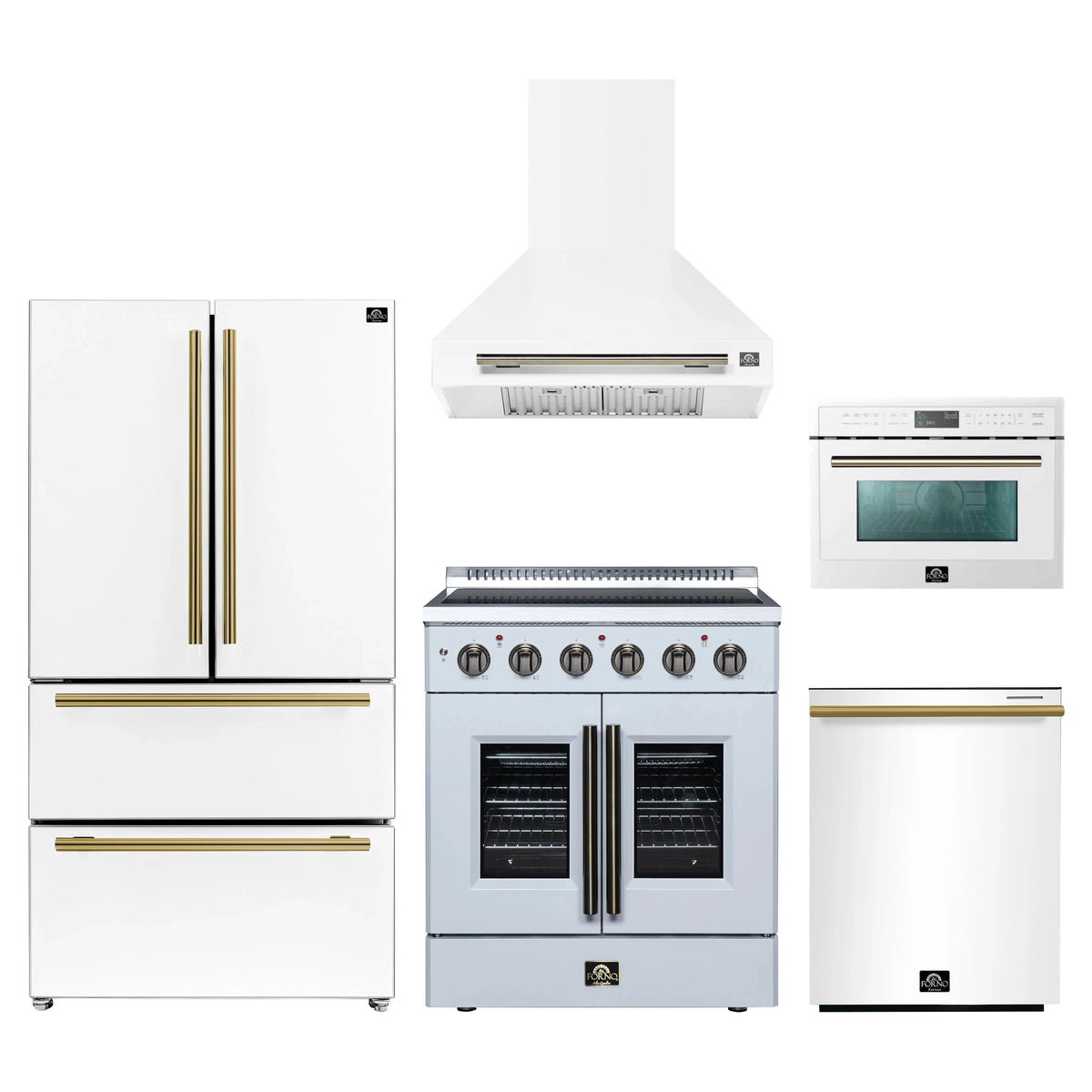 Forno 5-Piece Appliance Package - 30-Inch Galiano French Door Electric Range, Wall Mount Range Hood, 36-Inch Refrigerator, Dishwasher, and 24-Inch Microwave Oven in White with Antique Brass Trim