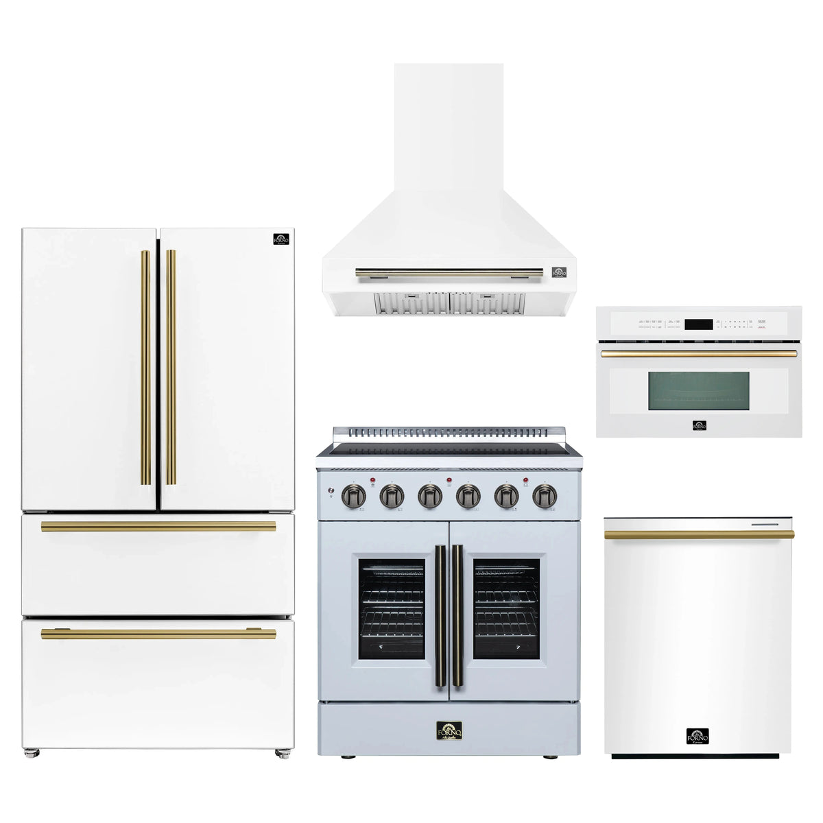 Forno 5-Piece Appliance Package - 30-Inch Galiano French Door Electric Range, Wall Mount Range Hood, 36-Inch Refrigerator, Dishwasher, and 30-Inch Microwave Oven in White with Antique Brass Trim