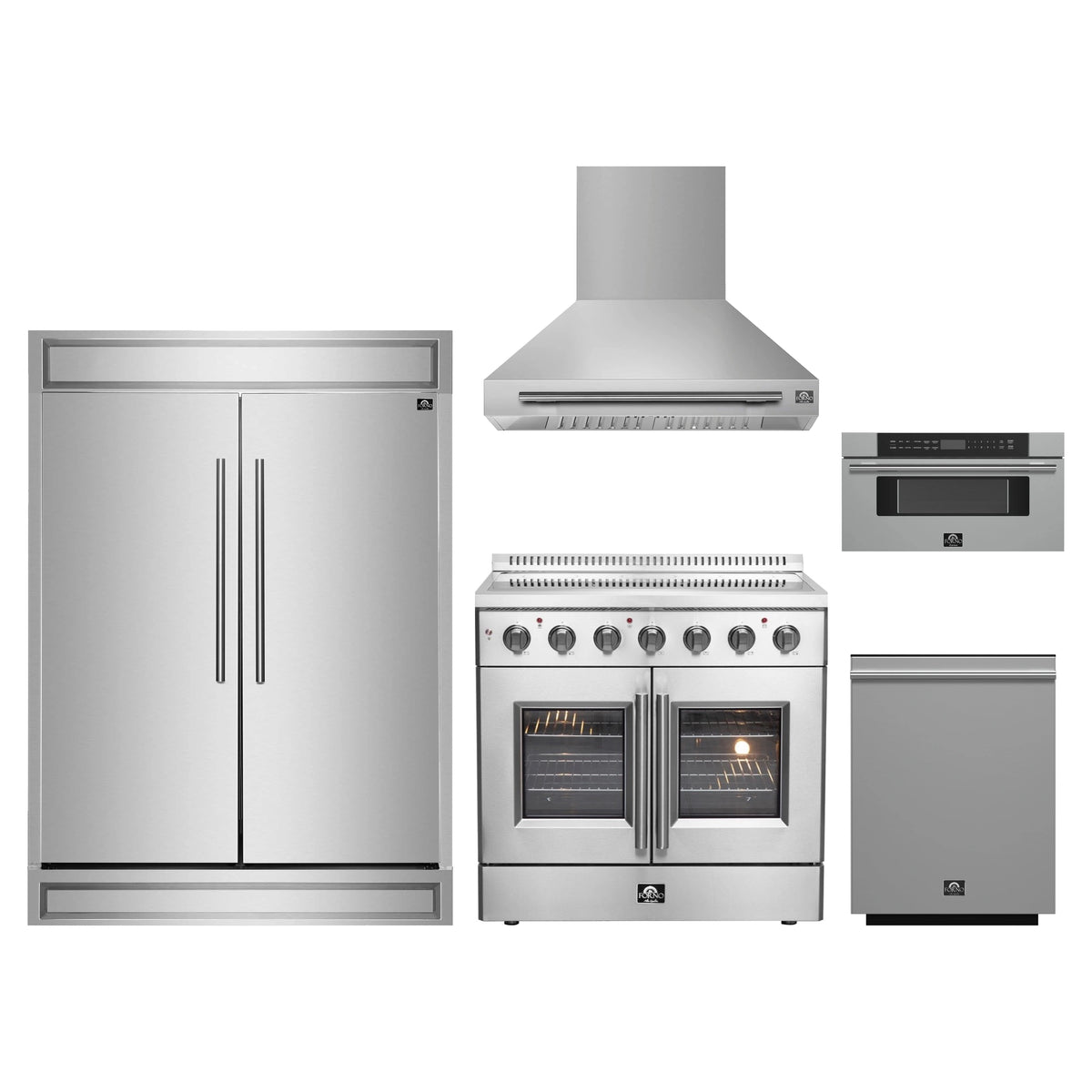 Forno 5-Piece Appliance Package - 36-Inch Galiano French Door Electric Range, Wall Mount Range Hood, 60-Inch Refrigerator, Dishwasher, and 30-Inch Microwave Drawer in Stainless Steel