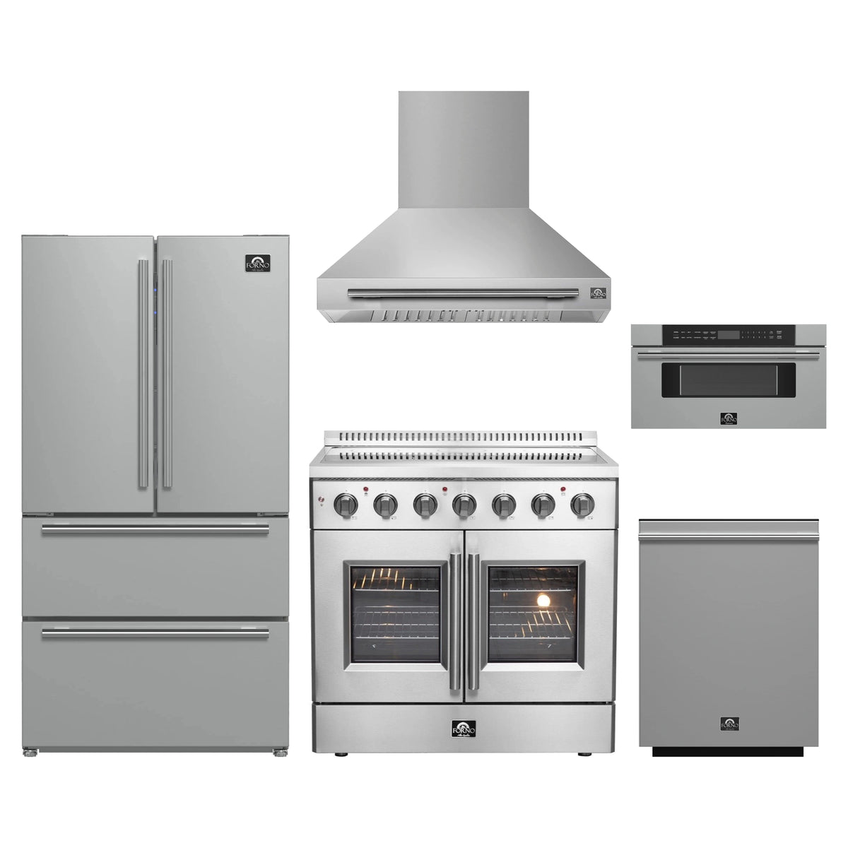 Forno 5-Piece Appliance Package - 36-Inch Galiano French Door Electric Range, Wall Mount Range Hood, 36-Inch Refrigerator, Dishwasher, and 30-Inch Microwave Drawer in Stainless Steel